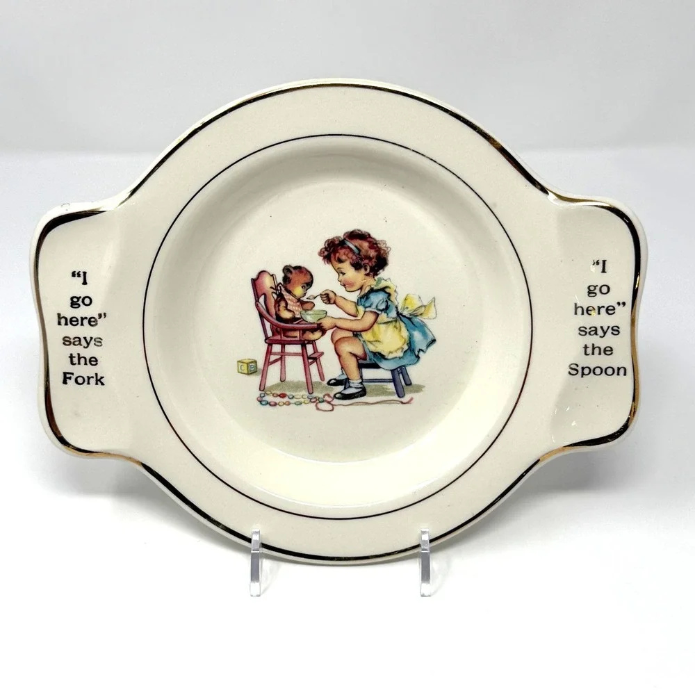 Holmes & Edwards Baby Feeding Plate Girl Teddy Bear Gold Trim